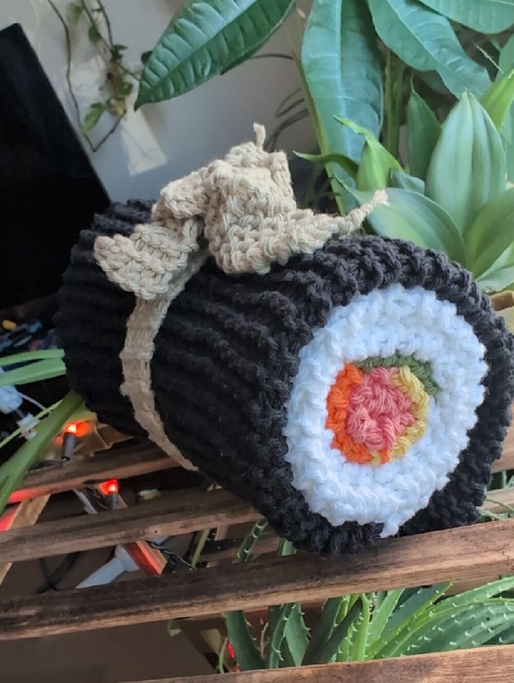 Handmade Sushi Roll Scarf with Bow Accent - Black & Multicolor